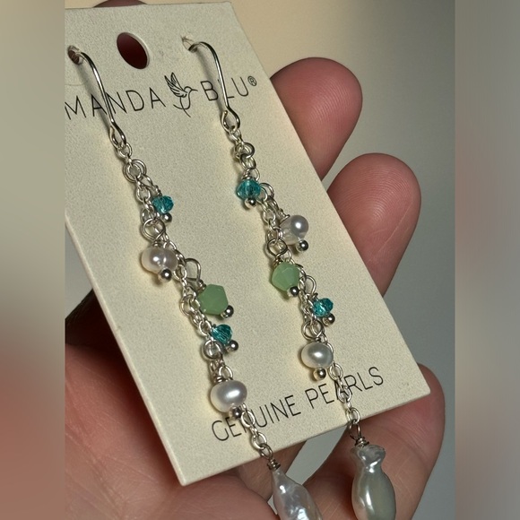 AMANDA BLU Genuine Pearl Blue Green Dangle Waterfall Earrings NEW - Picture 2 of 4